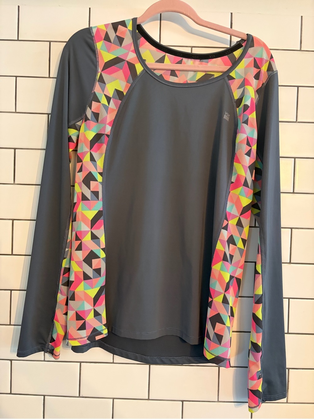 Victoria's Secret Gray Long Sleeve Top with Neon Geo Panels